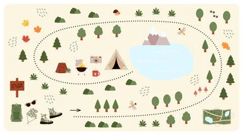 Camping and Hiking map creator. Set of flat elements for constructing kids camp Stock Illustration