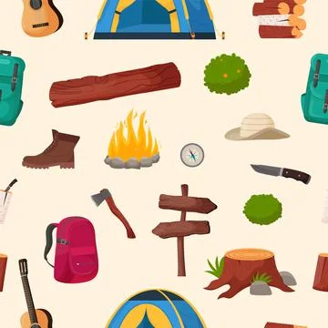 Camping and hiking seamless pattern. Summer camp travel tools collection for イラスト素材
