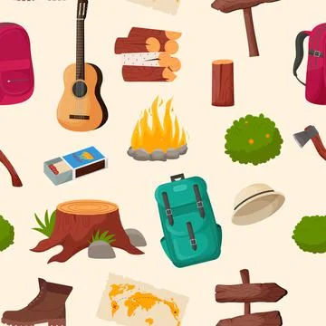 Camping and hiking seamless pattern. Summer camp travel tools collection for Stock Illustration