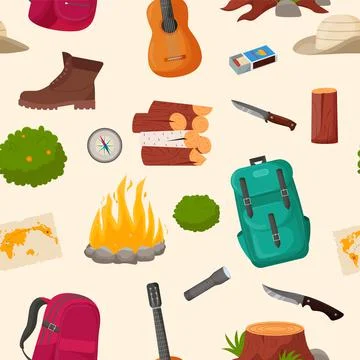 Camping and hiking seamless pattern. Summer camp travel tools collection for  Stock Illustration