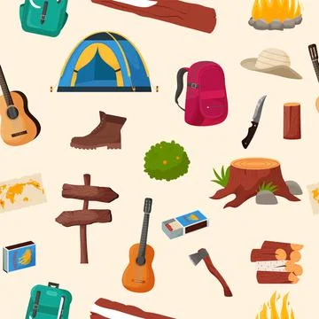 Camping and hiking seamless pattern. Summer camp travel tools collection for  Stock Illustration