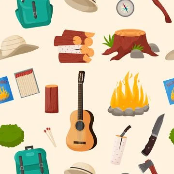 Camping and hiking seamless pattern. Summer camp travel tools collection for Illustrazione stock