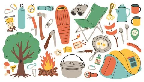 Camping and hiking simple set. Hand drawn elements outfit, tent, campfire, tree Stock Illustration