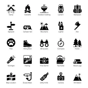 Camping and Hiking Solid Icons Pack Stock Illustration