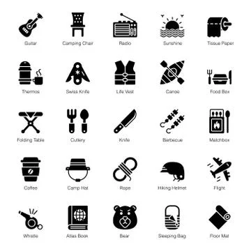 Camping and Hiking Solid Icons Pack Stock Illustration
