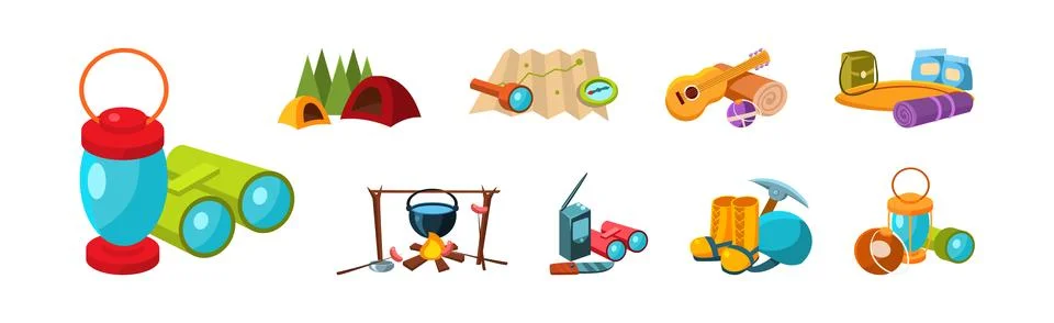 Camping and Outing Object and Equipment Vector Set Stock Illustration