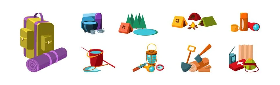 Camping and Outing Object and Equipment Vector Set Stock Illustration