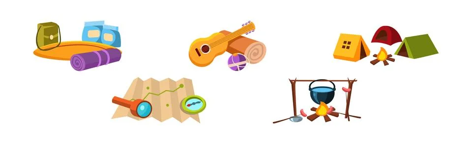 Camping and Outing Object and Equipment Vector Set Stock Illustration