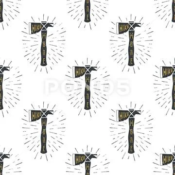 Camping axes cross pattern. Lumberjack equipment seamless. Hike more text inside Stock Illustration