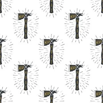 Camping axes cross pattern. Lumberjack equipment seamless. Hike more text inside Stock Illustration