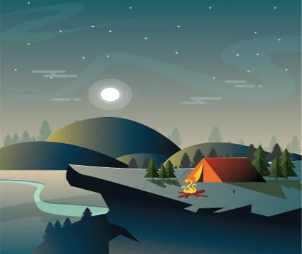 Camping background tent mount moon icons sparkling sky Stock Illustration