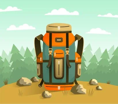 Camping backpack on the background of forest Stock Illustration