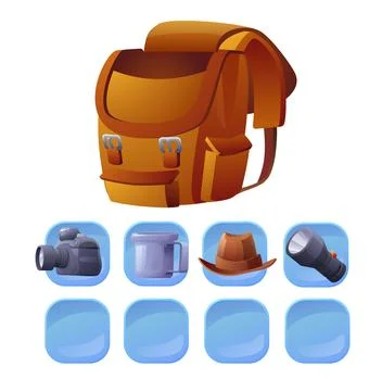 Camping backpack gear vector icons set, cartoon camera, metal mug, flashlight Stock Illustration