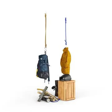 Camping backpack, a yellow coat hanging against a white background with firewood Stock Illustration