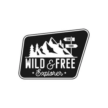 Camping Badge, adventure patch - wild and free explorer quote. Moutnain travel Stockillustratie