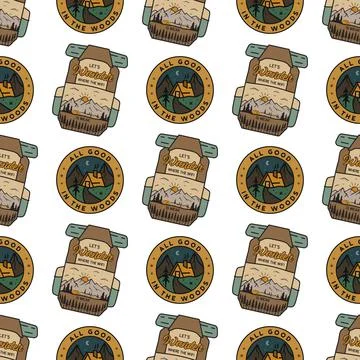 Camping badges pattern. Adventure seamless background. Stock texture Stock Illustration