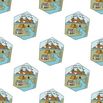 Camping badges pattern. Adventure seamless background. Nature river scene. Stock Stock Illustration