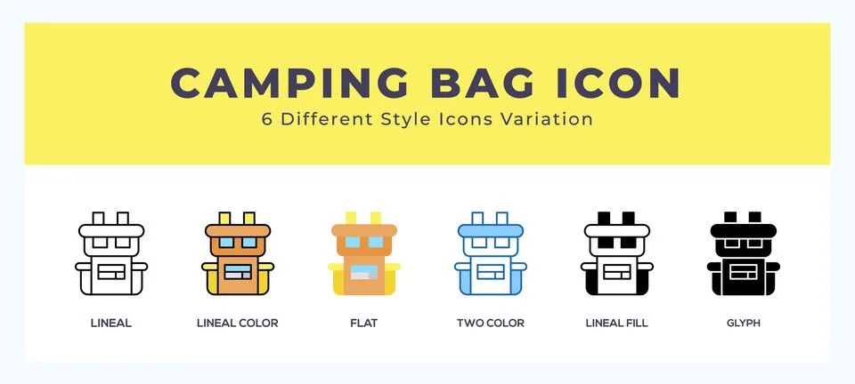 Camping bag icon set with different styles. Design elements for logo. Vecto.. Stock Illustration