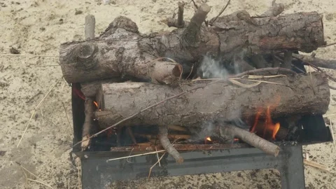 Camping barbecue with burning thick branches 库存影片 171600920