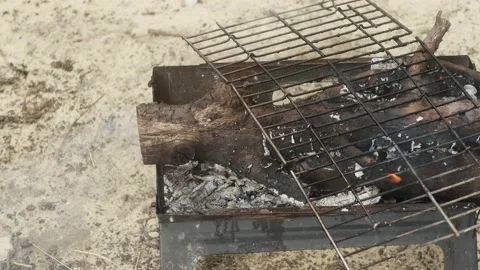 Camping barbecue with a grate with burning branches close-up Vídeos de archivo 171600922