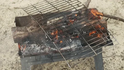 Camping barbecue with a grate with burning thick branches close-up Vídeos de archivo 171600938