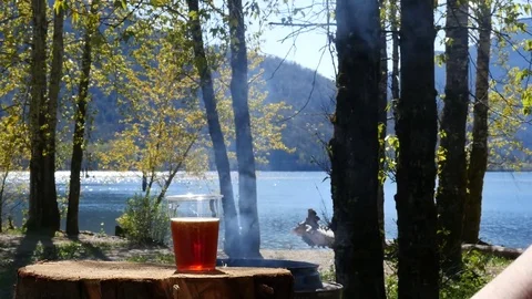 Camping in BC. Drinking beer on the lake shore. Видео 74866838
