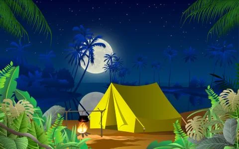 Camping on the beach in the night Stock Illustration