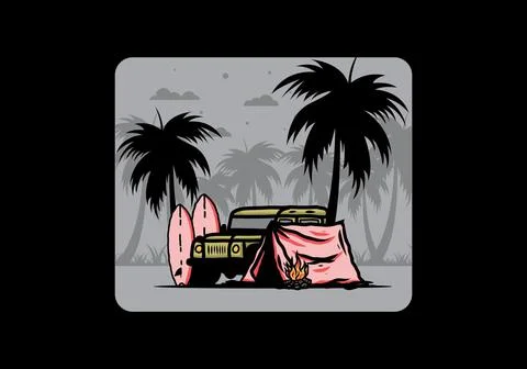 Camping on the beach with off road car Stock Illustration