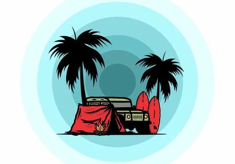 Camping on the beach with off road car Stock Illustration