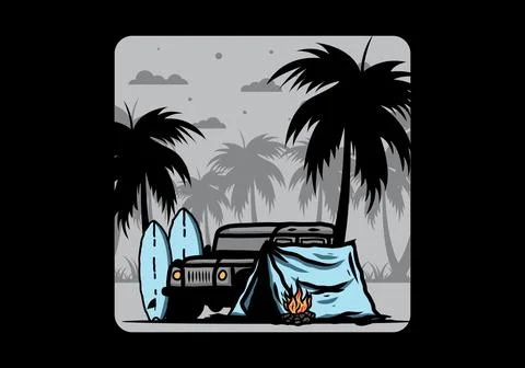 Camping on the beach with off road car Stock Illustration