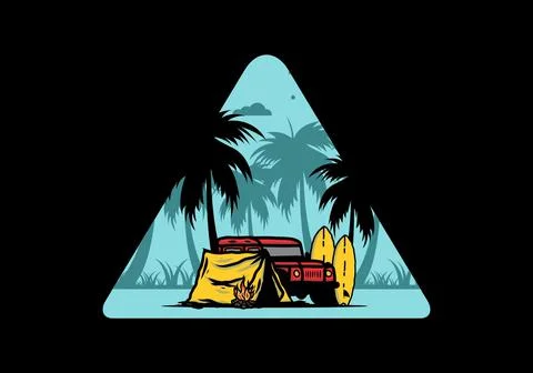 Camping on the beach with off road car Stock Illustration