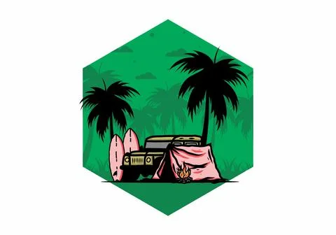 Camping on the beach with off road car Stock Illustration