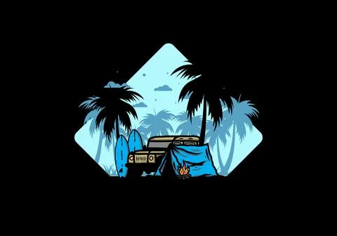 Camping on the beach with off road car Stock Illustration