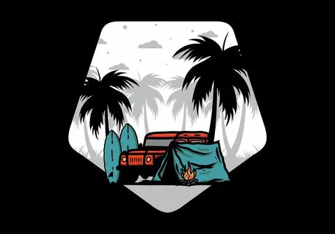 Camping on the beach with off road car Stock Illustration
