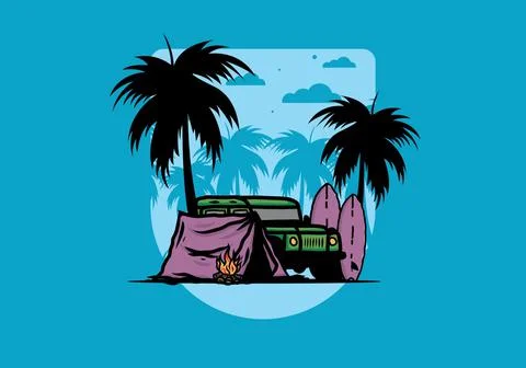 Camping on the beach with off road car Stock Illustration