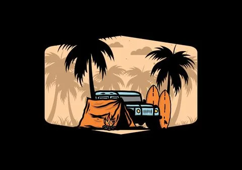 Camping on the beach with off road car Stock Illustration