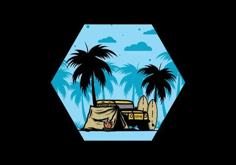 Camping on the beach with off road car Stock Illustration