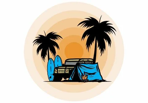 Camping on the beach with off road car Stock Illustration