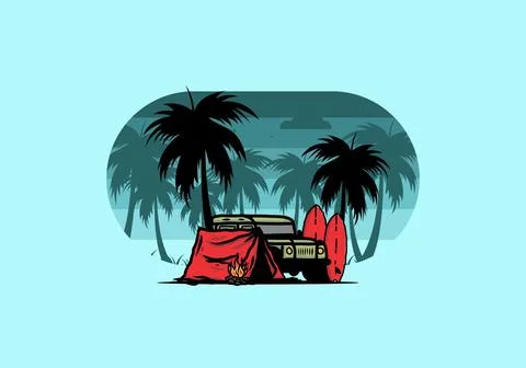 Camping on the beach with off road car Stock Illustration