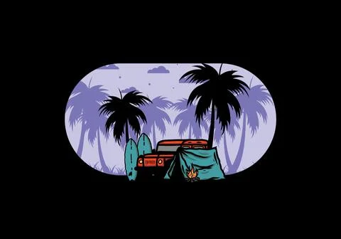 Camping on the beach with off road car Stock Illustration