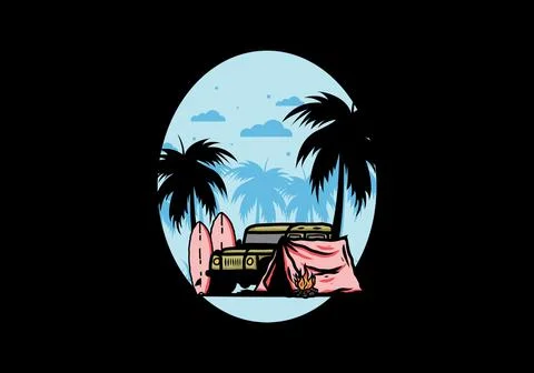 Camping on the beach with off road car Stock Illustration