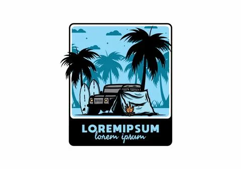 Camping on the beach with off road car Stock Illustration