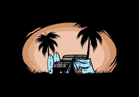 Camping on the beach with off road car Stock Illustration