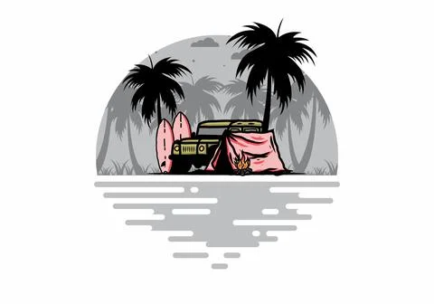 Camping on the beach with off road car Stock Illustration