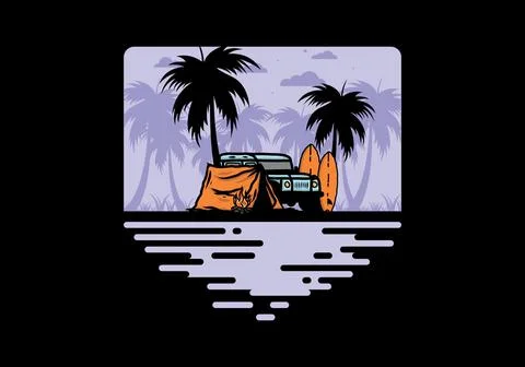 Camping on the beach with off road car Stock Illustration