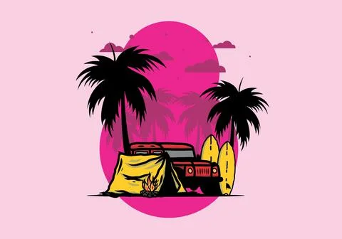 Camping on the beach with off road car Stock Illustration