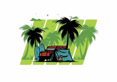 Camping on the beach with off road car Stock Illustration
