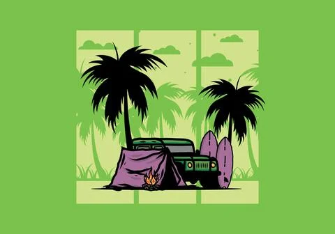 Camping on the beach with off road car Stock Illustration