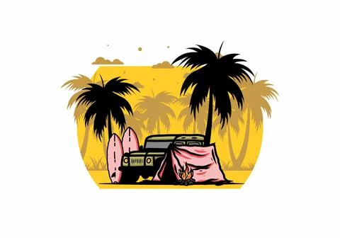 Camping on the beach with off road car Stock Illustration