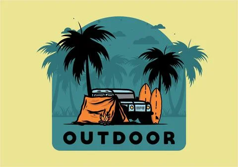 Camping on the beach with off road car Stock Illustration